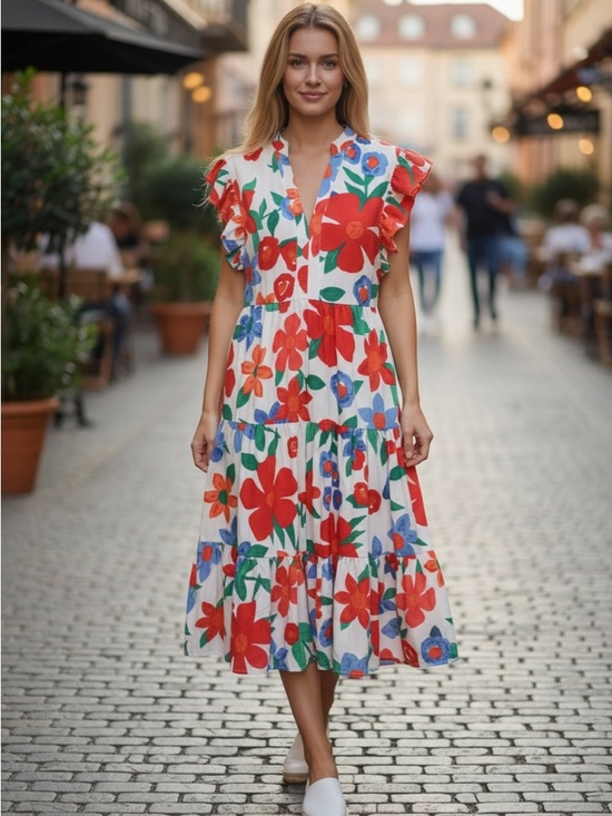 Dresses & Skirts - Floral Tiered Midi Dress in White with Red & Blue Blooms